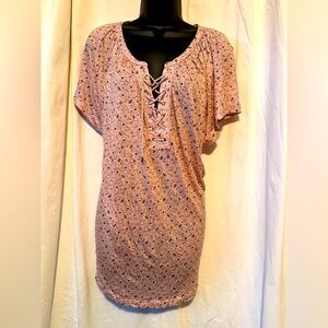 Chaps Pink Floral Women's Sz 1x Short Sleeve Lace Up Knit Blouse